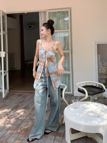 Top fără mâneci din poliester cu imprimeu, croială Slim, stil de vacanță la plajă, vară 2024