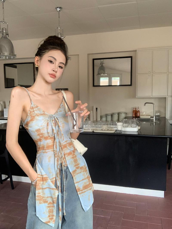 Top fără mâneci din poliester cu imprimeu, croială Slim, stil de vacanță la plajă, vară 2024