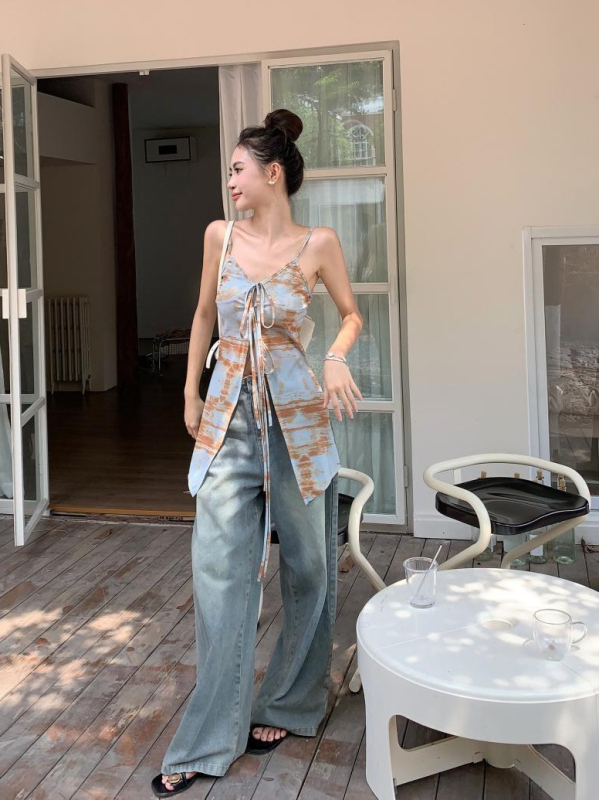 Top fără mâneci din poliester cu imprimeu, croială Slim, stil de vacanță la plajă, vară 2024