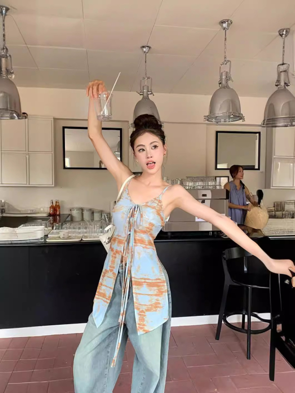 Top fără mâneci din poliester cu imprimeu, croială Slim, stil de vacanță la plajă, vară 2024