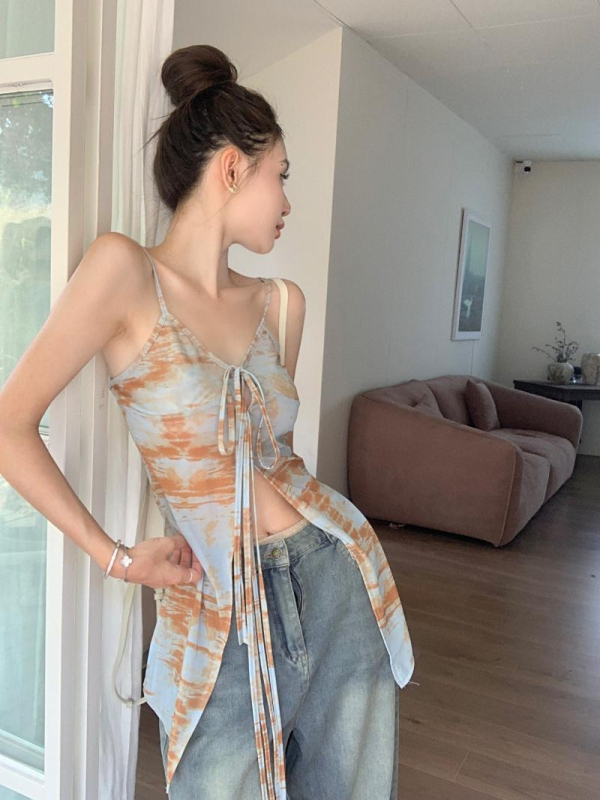 Top fără mâneci din poliester cu imprimeu, croială Slim, stil de vacanță la plajă, vară 2024