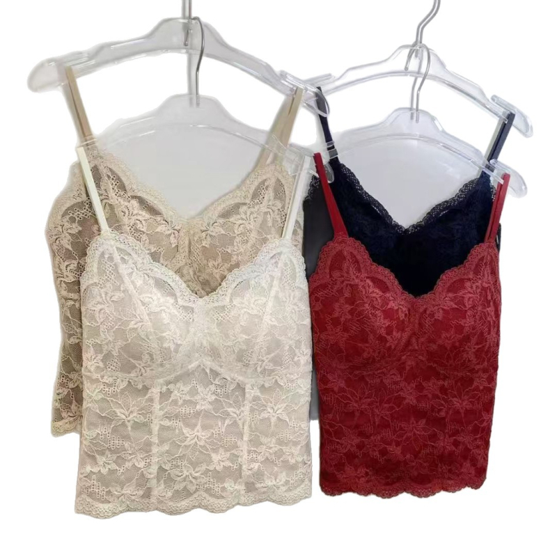 Čipkovaná camisola s výplňami na prsia, otvorené chrbát, teplá sieťová základná látka, A-línia, odnímateľné ramienka