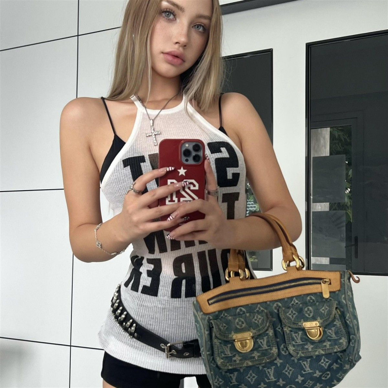 Top tricotat cu halter și imprimat cu litere, micro-elastic poliester-spandex, lungime 50–65 cm, stil stradal, vară 2025