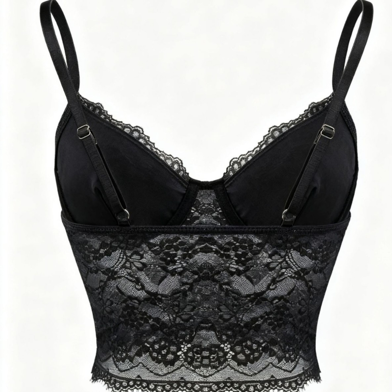 Потник от дантела с V-образно деколте и презрамки; полиестер 95–100%, тегло 181–200 г/м²; за всички сезони