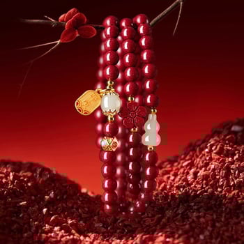 Brățară din cinnabar pentru femei, lucrată manual, cu mărgele Buddha în trei cercuri și motiv animal zodiac, în stil nou chinezesc, potrivită ca suvenir de călătorie