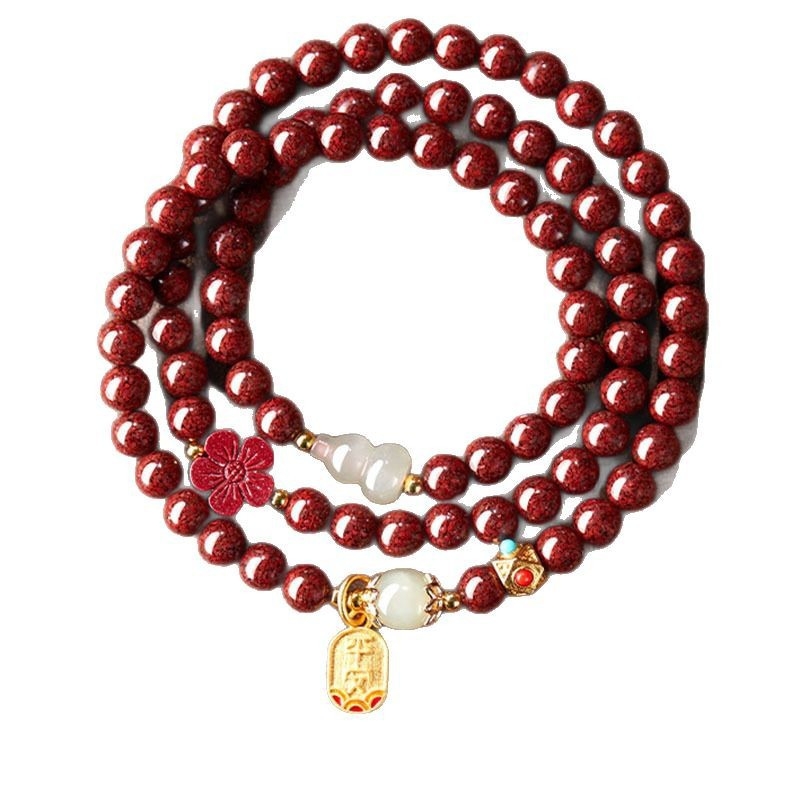 Brățară din cinnabar pentru femei, lucrată manual, cu mărgele Buddha în trei cercuri și motiv animal zodiac, în stil nou chinezesc, potrivită ca suvenir de călătorie