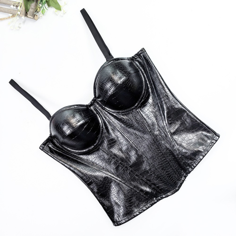 Bustier din piele PU cu os, croială Slim, imprimeu animal, bretele detașabile