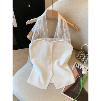 Top camisole cu halter, din mătase de gheață cu dantelă, croială slim, lungime 50–65 cm