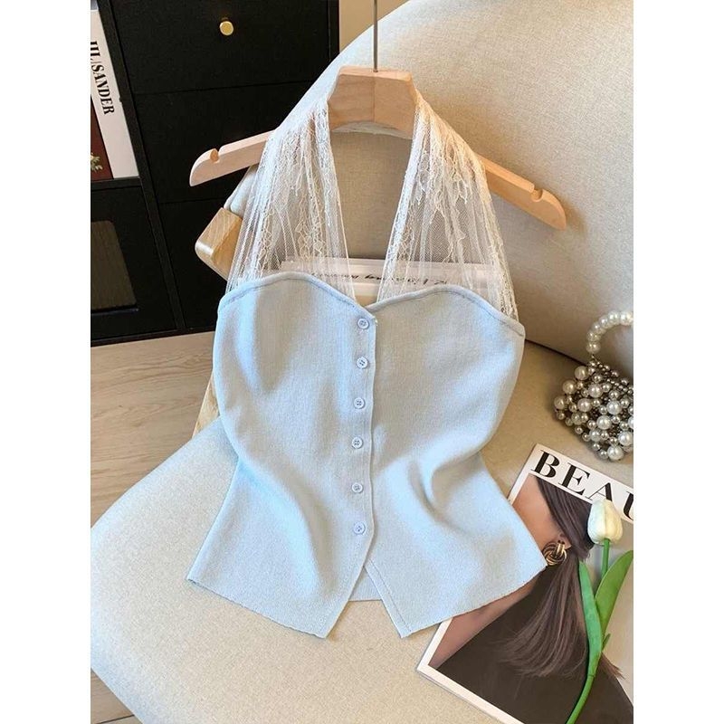 Top camisole cu halter, din mătase de gheață cu dantelă, croială slim, lungime 50–65 cm