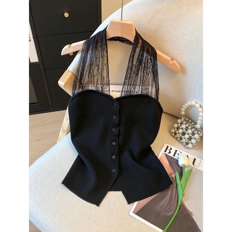 Top camisole cu halter, din mătase de gheață cu dantelă, croială slim, lungime 50–65 cm