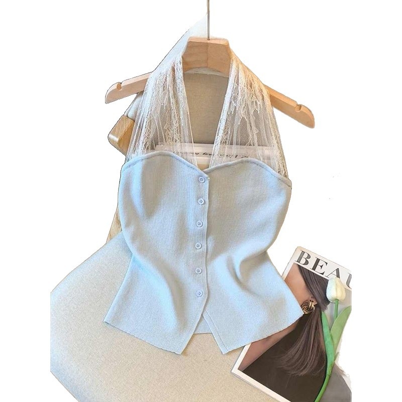 Top camisole cu halter, din mătase de gheață cu dantelă, croială slim, lungime 50–65 cm