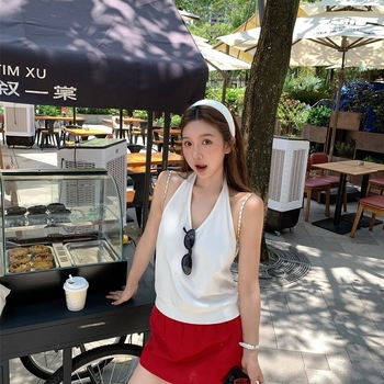 Γυναικείο τοπ από βαμβάκι με halterneck, ανοιχτή πλάτη, V-λαιμό, χωρίς μανίκια, γραμμή Α, κανονικό μήκος 50–65 εκ, 80–90% βαμβάκι