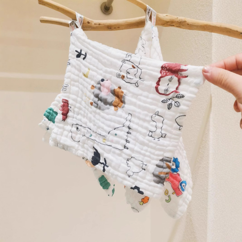 Памучна марлева кърпичка за лице за бебета и деца, висока плътност, печатана квадратна шарка; попиване на вода (Бранд: Bebesen; Материал: Памук; Възраст: 0–6 години; Модел: животни/цветя/карикатури)