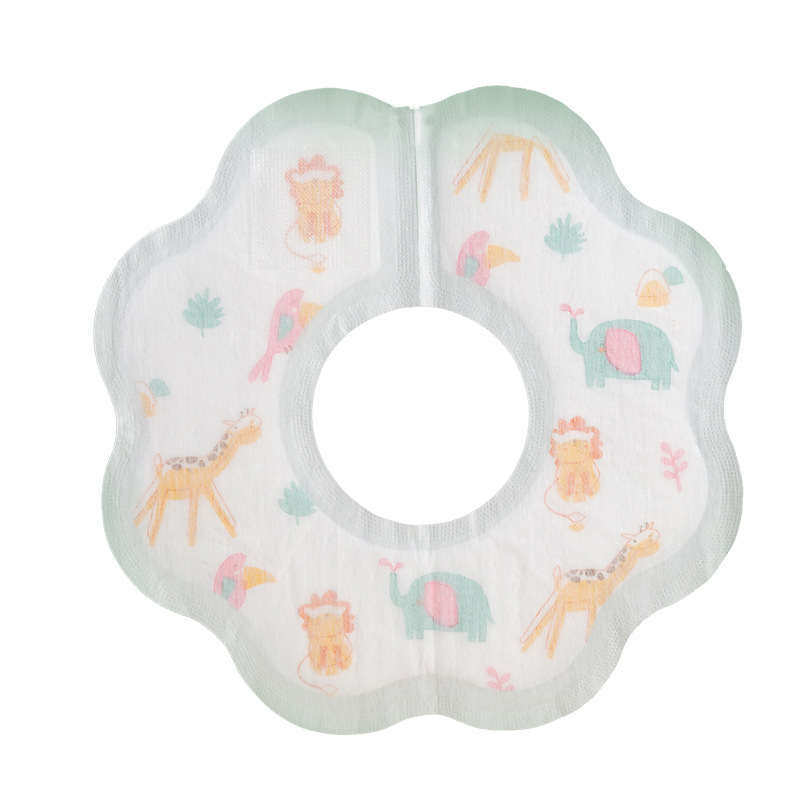 Egyszer használatos kerek baba etető kötény, vízálló nem szőtt anyagból, állat-karikatás minta, alkalmas csecsemőknek és kisgyermekeknek