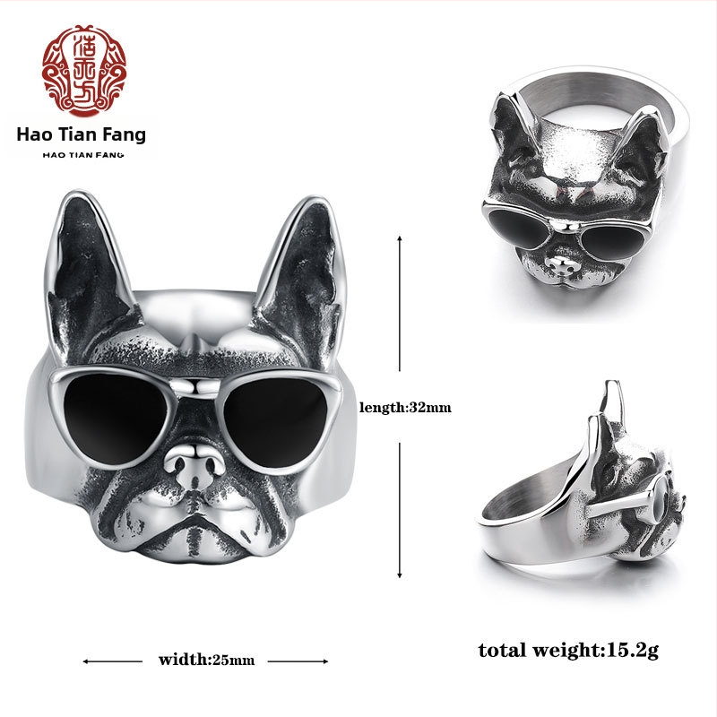 Inel pentru bărbați, stil medieval, design cu cățeluș din rășină, oțel de titan, rezistent la decolorare