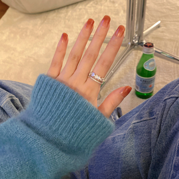 Пръстен от титиева стомана с цирконий, регулируем двойнослоен открит пръстен, геометричен луксозен стил (регулируем • титиева стомана • геометричен, луксозен стил • полирано • дамски)