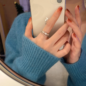 Пръстен от титиева стомана с цирконий, регулируем двойнослоен открит пръстен, геометричен луксозен стил (регулируем • титиева стомана • геометричен, луксозен стил • полирано • дамски)