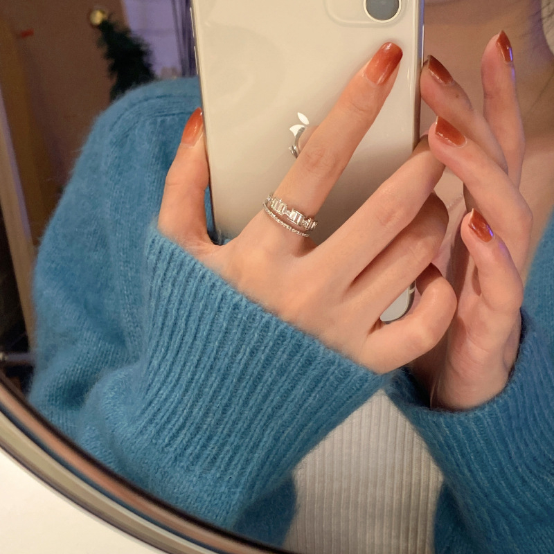 Пръстен от титиева стомана с цирконий, регулируем двойнослоен открит пръстен, геометричен луксозен стил (регулируем • титиева стомана • геометричен, луксозен стил • полирано • дамски)