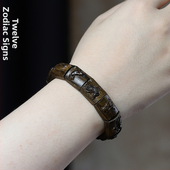 Bratara din lemn de agarwood cu zodiac — stil etnic, realizată manual, gravată, lustruită, Hongxi