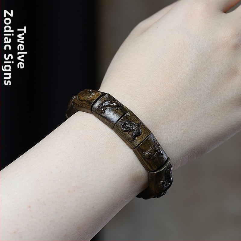 Bratara din lemn de agarwood cu zodiac — stil etnic, realizată manual, gravată, lustruită, Hongxi