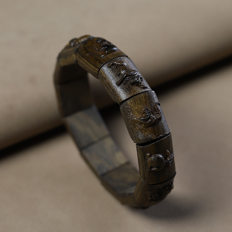 Bratara din lemn de agarwood cu zodiac — stil etnic, realizată manual, gravată, lustruită, Hongxi