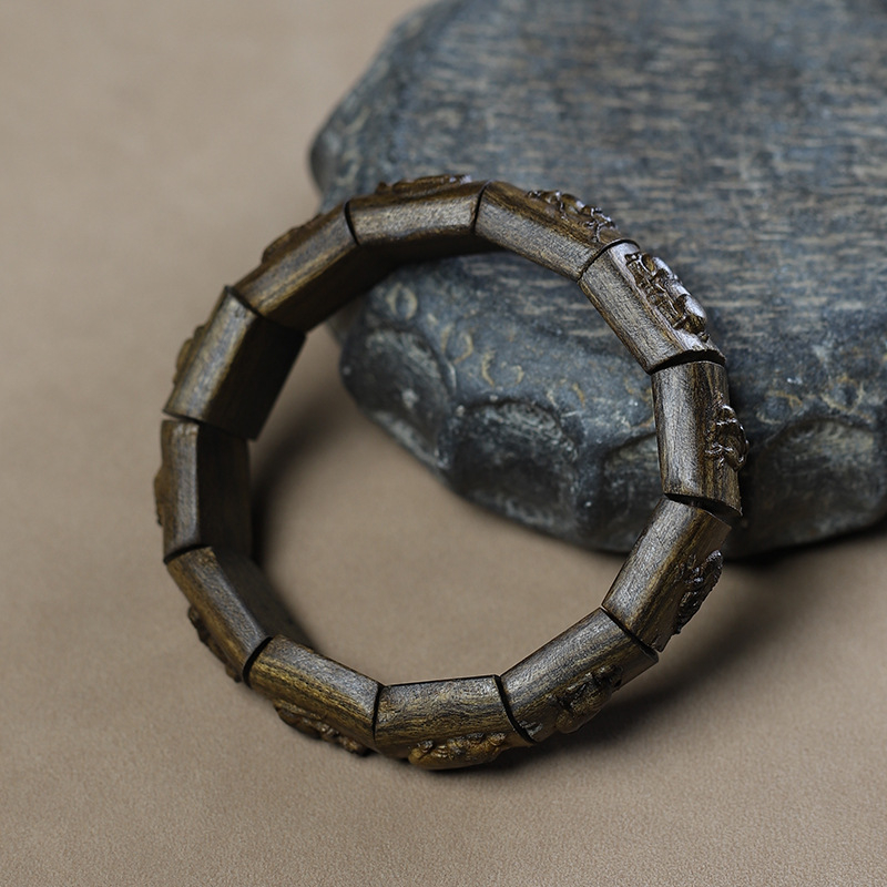 Bratara din lemn de agarwood cu zodiac — stil etnic, realizată manual, gravată, lustruită, Hongxi