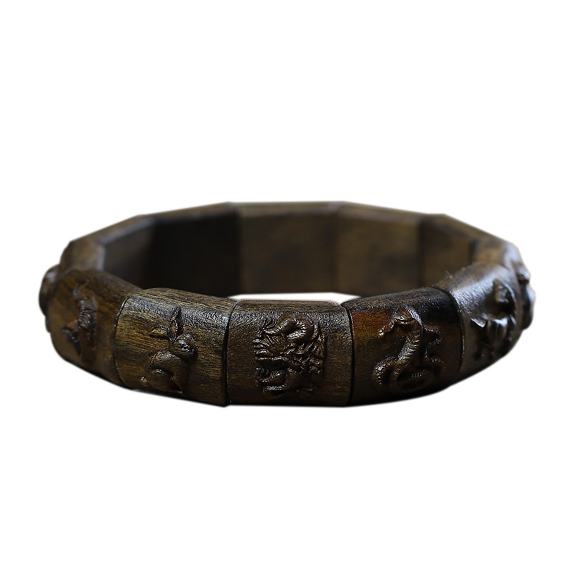 Bratara din lemn de agarwood cu zodiac — stil etnic, realizată manual, gravată, lustruită, Hongxi
