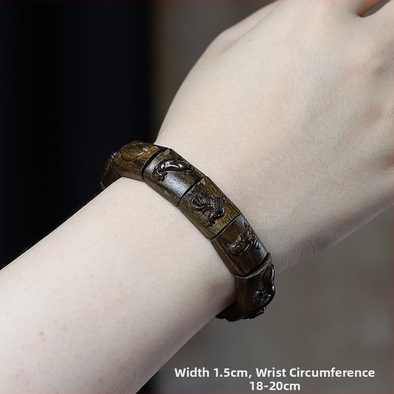 Bratara din lemn de agarwood cu zodiac — stil etnic, realizată manual, gravată, lustruită, Hongxi