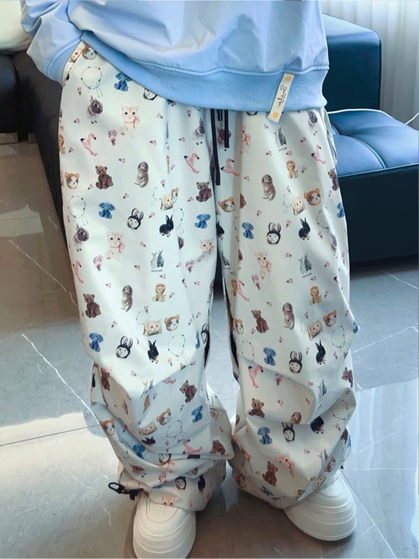 Oversize hlače za snijeg s printom mačke i psa, vodootporne, otporne na vjetar, otporne na habanje, tople s fleecem podstavom