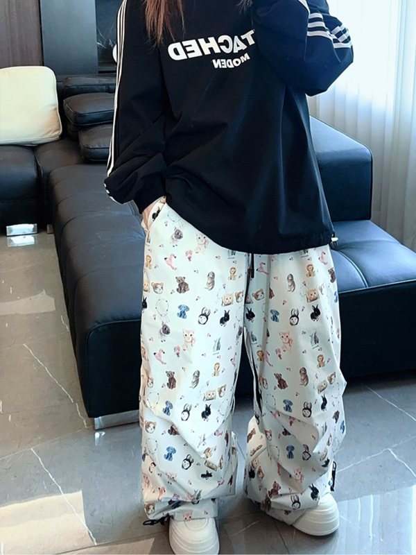 Oversize hlače za snijeg s printom mačke i psa, vodootporne, otporne na vjetar, otporne na habanje, tople s fleecem podstavom