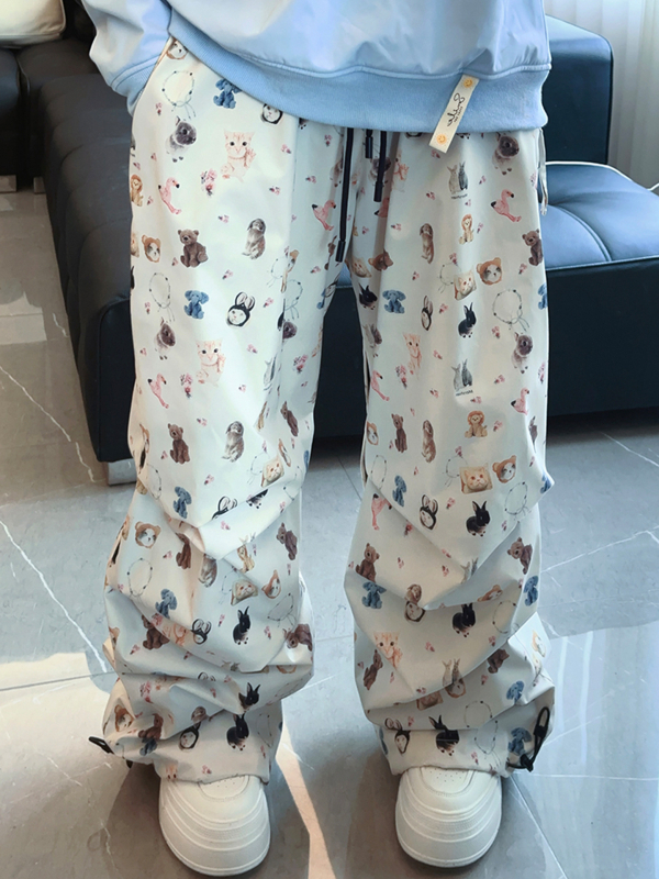 Oversize hlače za snijeg s printom mačke i psa, vodootporne, otporne na vjetar, otporne na habanje, tople s fleecem podstavom
