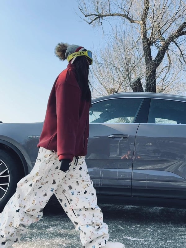 Női sínadrág elasztikus derékkal és macska- és kutyamintával, vízálló, szélálló, kopásálló, Heattech szigeteléssel