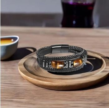 Vīriešu rokassprādze ar tigra acs akmeni, daudzslāņains auklas ādas dizains, magnētiska aizdare