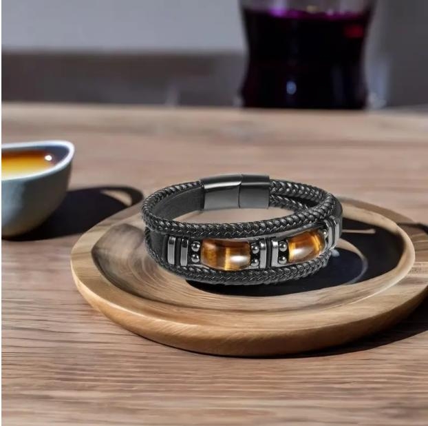 Vīriešu rokassprādze ar tigra acs akmeni, daudzslāņains auklas ādas dizains, magnētiska aizdare