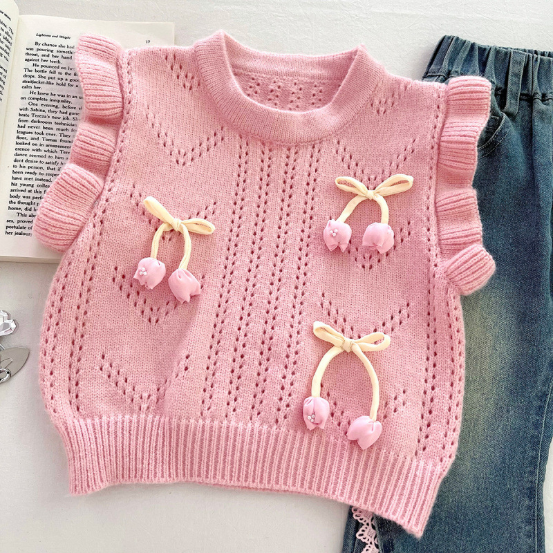 Dječji trodjelni set u korejskom stilu: pulover-vest, bluza s dugim rukavima i traperice; pamuk 70% s UV zaštitom; pogodan za djevojčice od 3 do 8 godina; proljeće i jesen.