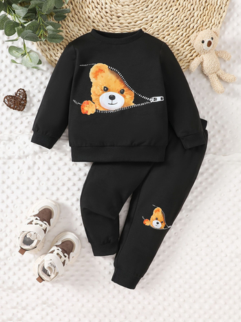 Detský dvojdielny set so zipsom: mikina bez kapucne s potlačou medveďa a tepláky s potlačou medveďa; potlač medveďa; dlhé rukávy; zips; 95% polyester