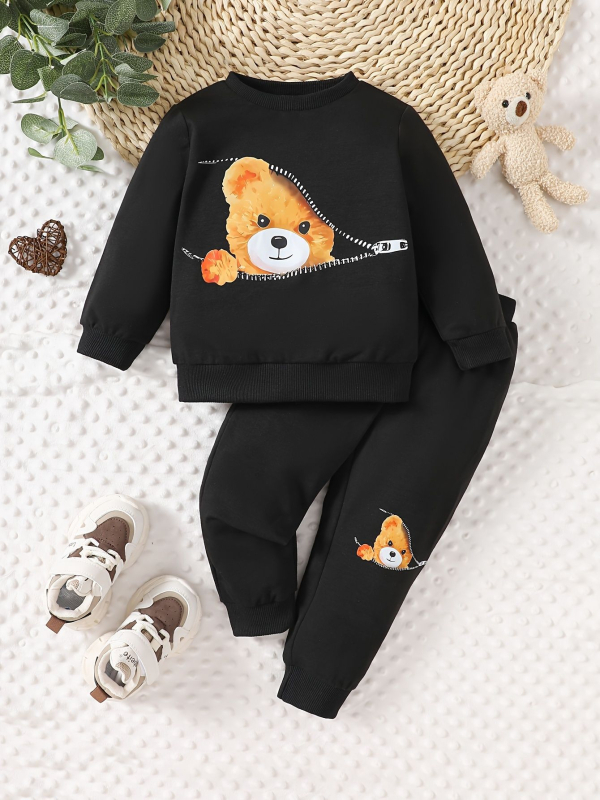 Detský dvojdielny set so zipsom: mikina bez kapucne s potlačou medveďa a tepláky s potlačou medveďa; potlač medveďa; dlhé rukávy; zips; 95% polyester