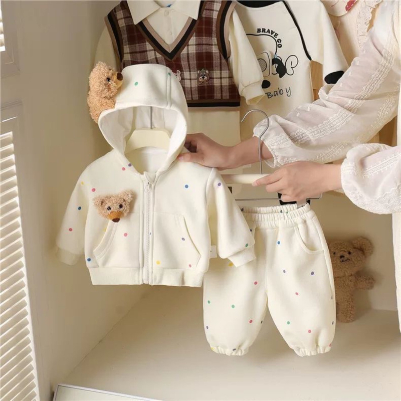 Korejski stil jesenski dvodijelni set za bebe: hoodie džemper s kapuljom i hlače, pamuk s mekanom obradom, karikatura uzorak