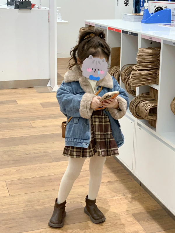 Dječja džins jakna s toplom fleece podstavom, korejskog stila, bez kapulje, dugi rukavi