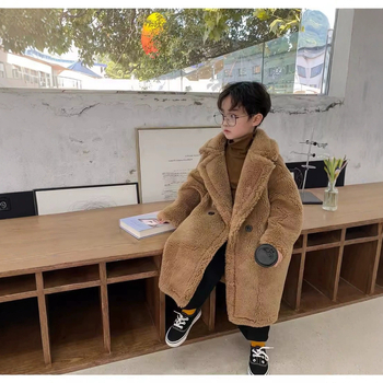 Dječji pamučni kaput s Teddy fleece podstavom, srednja duljina, V-izrez, jednostruko kopčanje, dugi rukavi