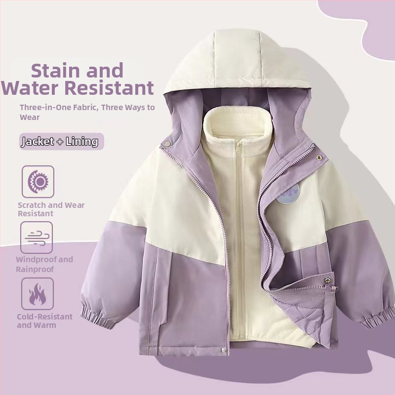 3-in-1 vaikiška striukė su flisinė apdaila, atspari vandeniui, atspari vėjui ir dilimui, su gobtuvu žiemai ir rudeniui