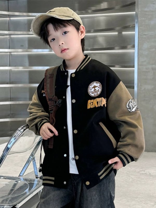 Dječja proljetna jakna u baseball stilu, stojeći ovratnik, dugi rukavi, jednostruko zakopčavanje, vanjski poliester, podstava poliester