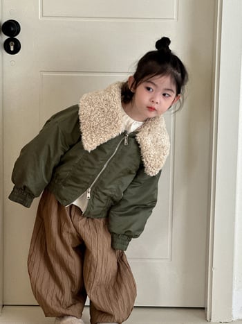 Dječja jakna od ovčje vune s velikim reverom, korejski stil, unisex, zatvarač, kratki kroj, zima 2025