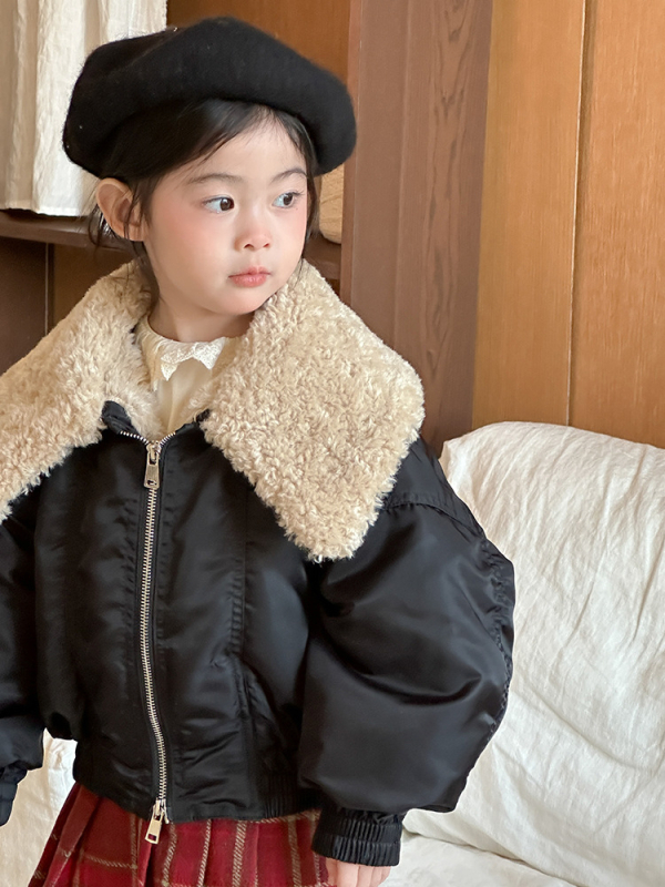 Dječja jakna od ovčje vune s velikim reverom, korejski stil, unisex, zatvarač, kratki kroj, zima 2025