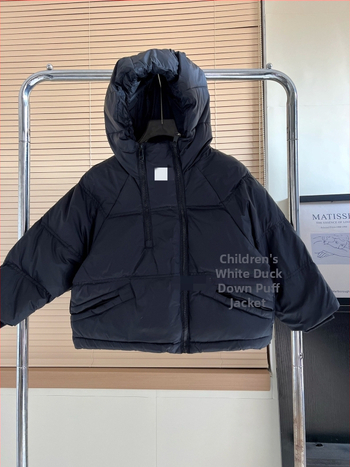 Bērnu ziemas jaka ar 90% pīļu pūka, korejiskais stils, poliestera ārējais audums un poliestera oderējums, garas piedurknes, bez apkakles, pavasaris 2025