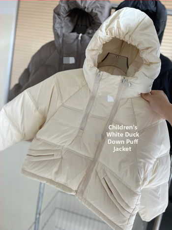 Bērnu ziemas jaka ar 90% pīļu pūka, korejiskais stils, poliestera ārējais audums un poliestera oderējums, garas piedurknes, bez apkakles, pavasaris 2025