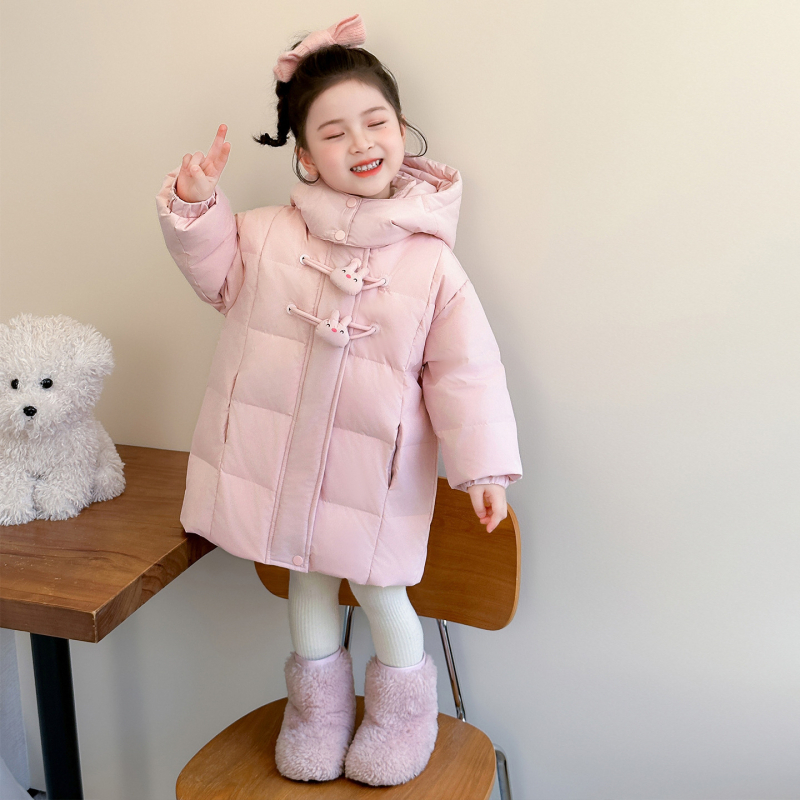 Παιδικό μπουφάν με κουκούλα, γέμιση από πούπουλο 50–55%, μεσαίο μήκος, μοτίβο καρτούν, για χειμώνα ηλικίες 3–8 ετών