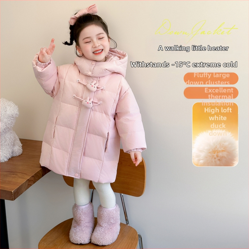 Detská zimná bunda s kapucňou, výplň z kačacieho pádu 50–55%, stredná dĺžka, karikatúrny vzor, zimné oblečenie pre deti 3–8 rokov
