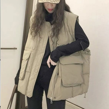 Vestă damă cu umplutură de bumbac și puf, guler înalt, fermoar, croială lejeră, toamnă 2024