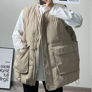 Vestă damă cu umplutură de bumbac și puf, guler înalt, fermoar, croială lejeră, toamnă 2024